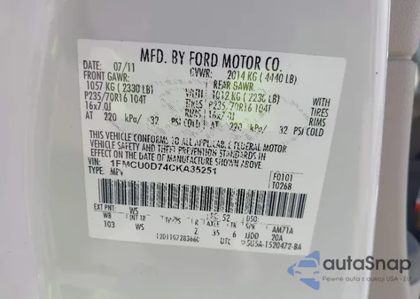2012 Ford Escape Xlt from USA, damaged, VIN 1FMCU0D74CKA35251